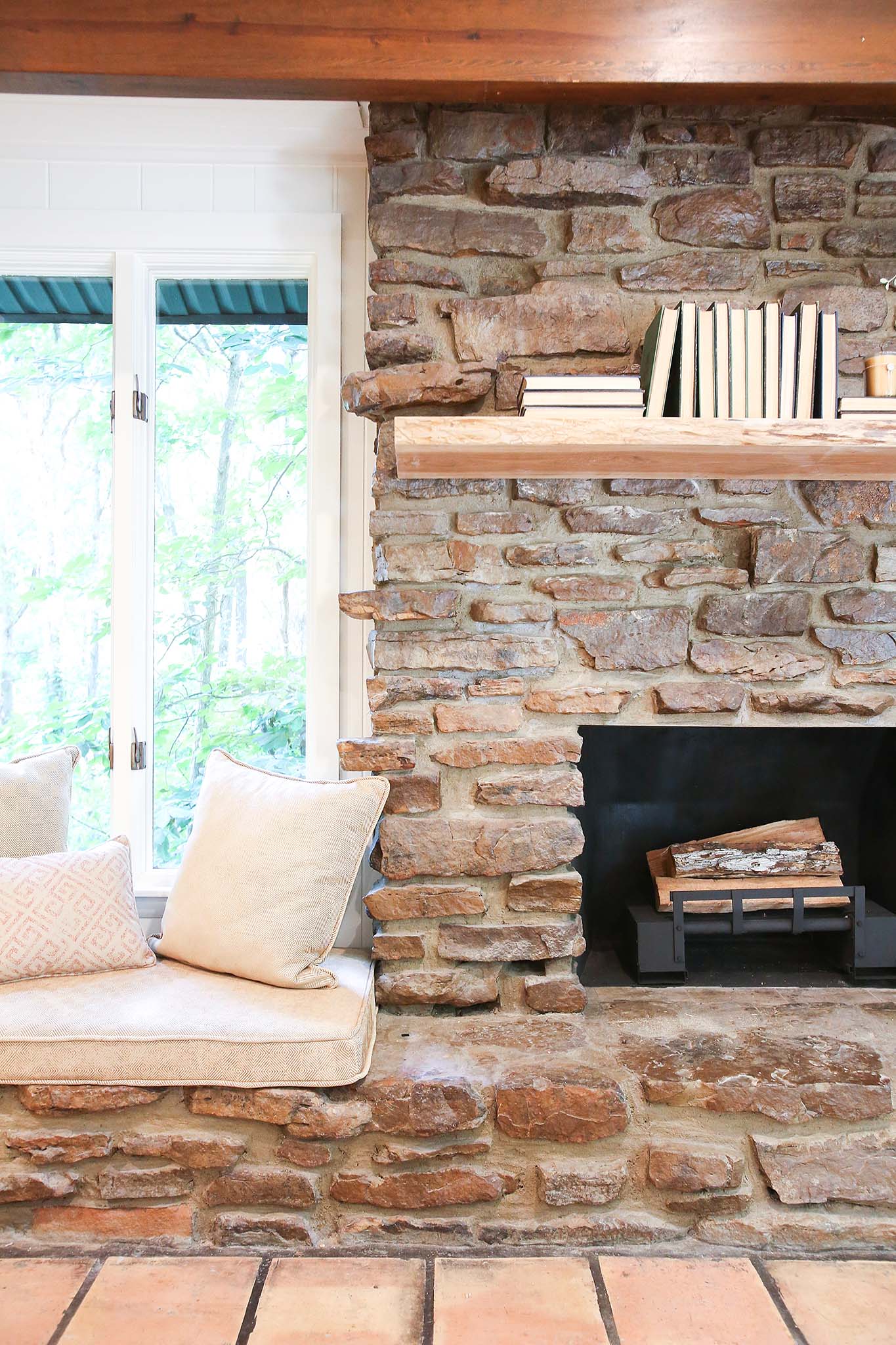 Stone Fireplace with Reading Nook on Fixer to Fabulous.