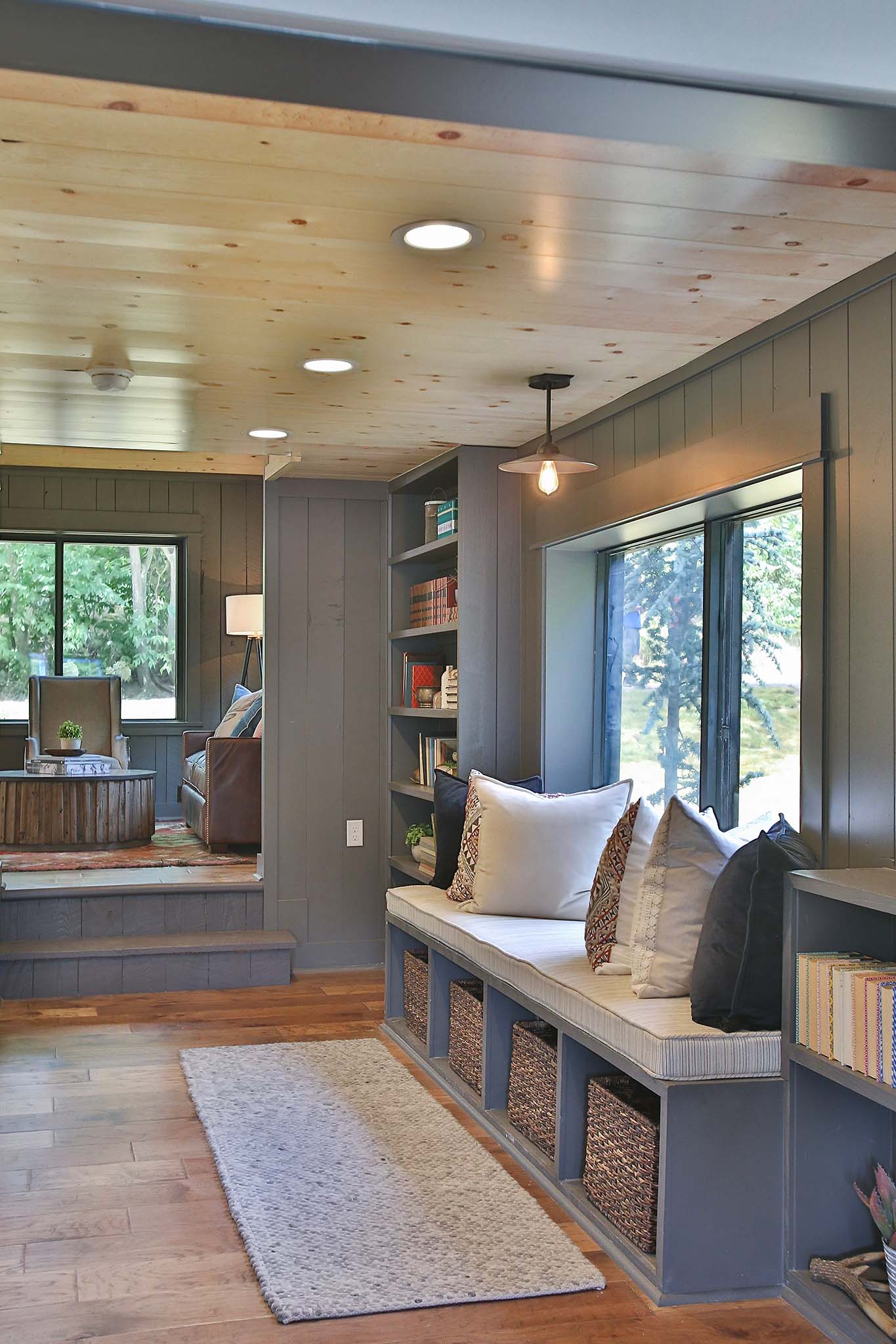 Cabin renovation with window reading nook on HGTV Fixer to Fabulous.