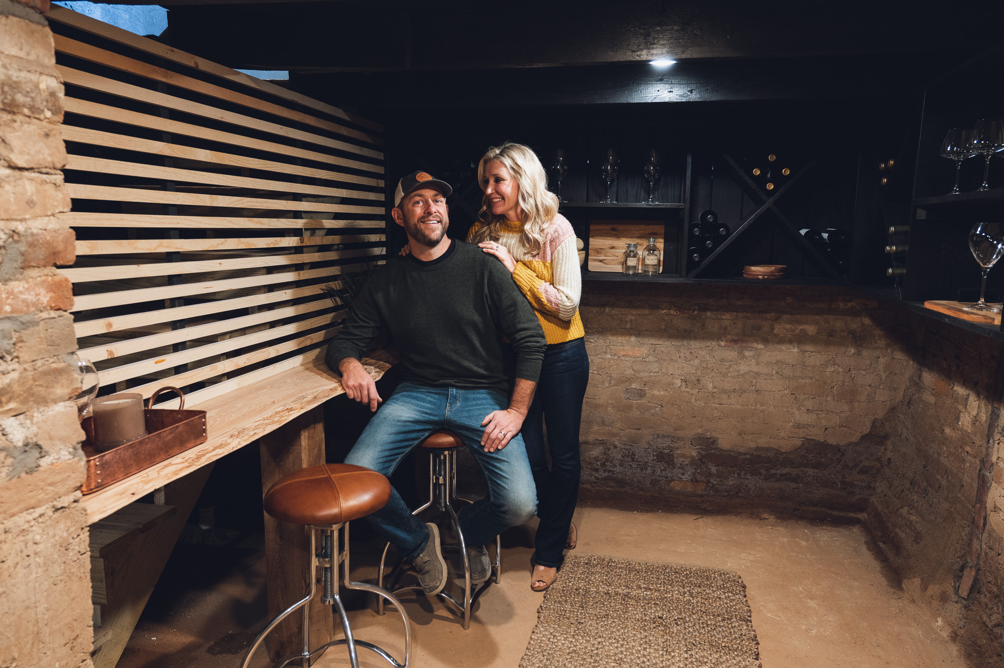 Dave and Jenny in renovated cellar of old house.