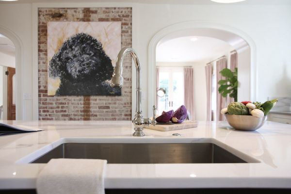 New sink island and large painting of Coopers' dog, Nola from season one of Fixer to Fabulous